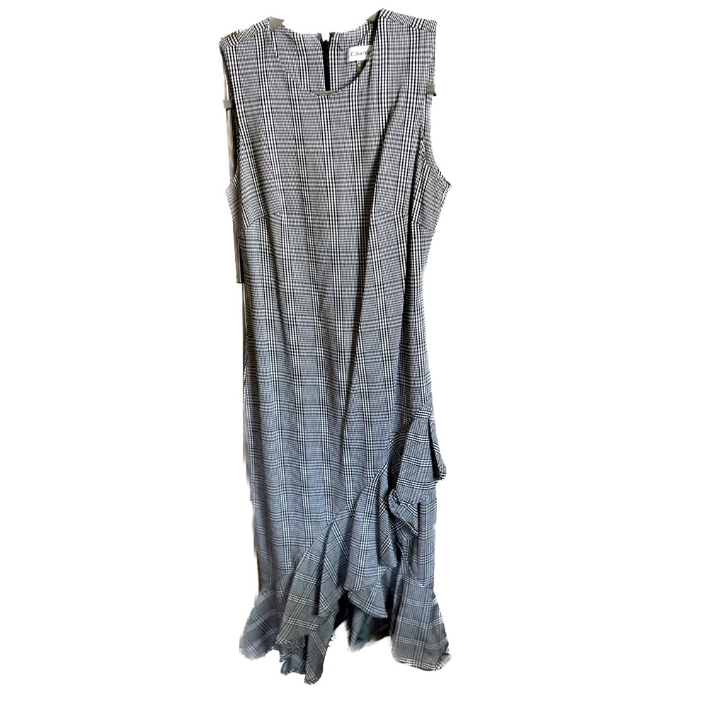 Calvin Klein gray plaid asymmetrical body-con dress.